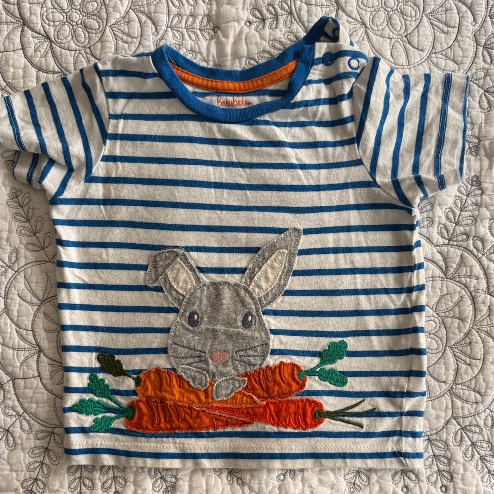 Baby Boden Blue and White Striped Tee with Bunny and Carrots